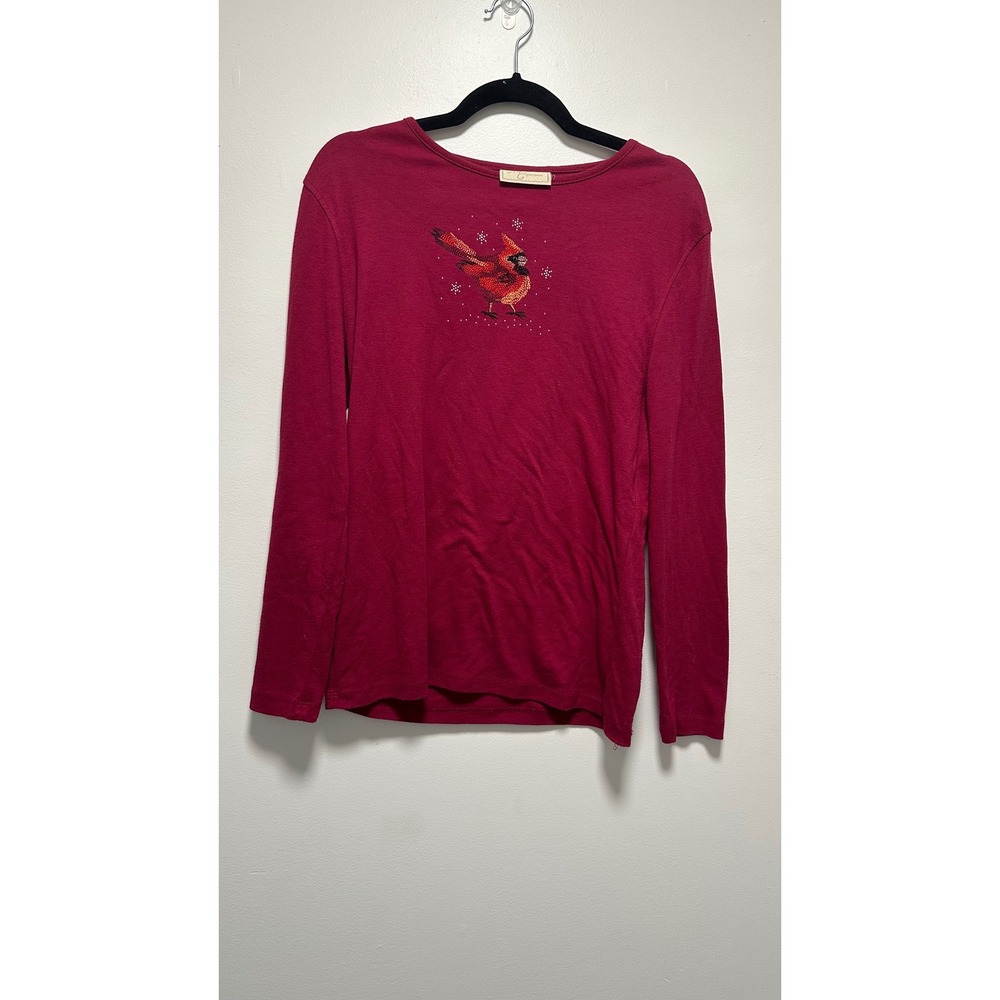 MC Sportswear Womens Red Cardinal Bird Embroidered Long Sleeve Top Large Vintage